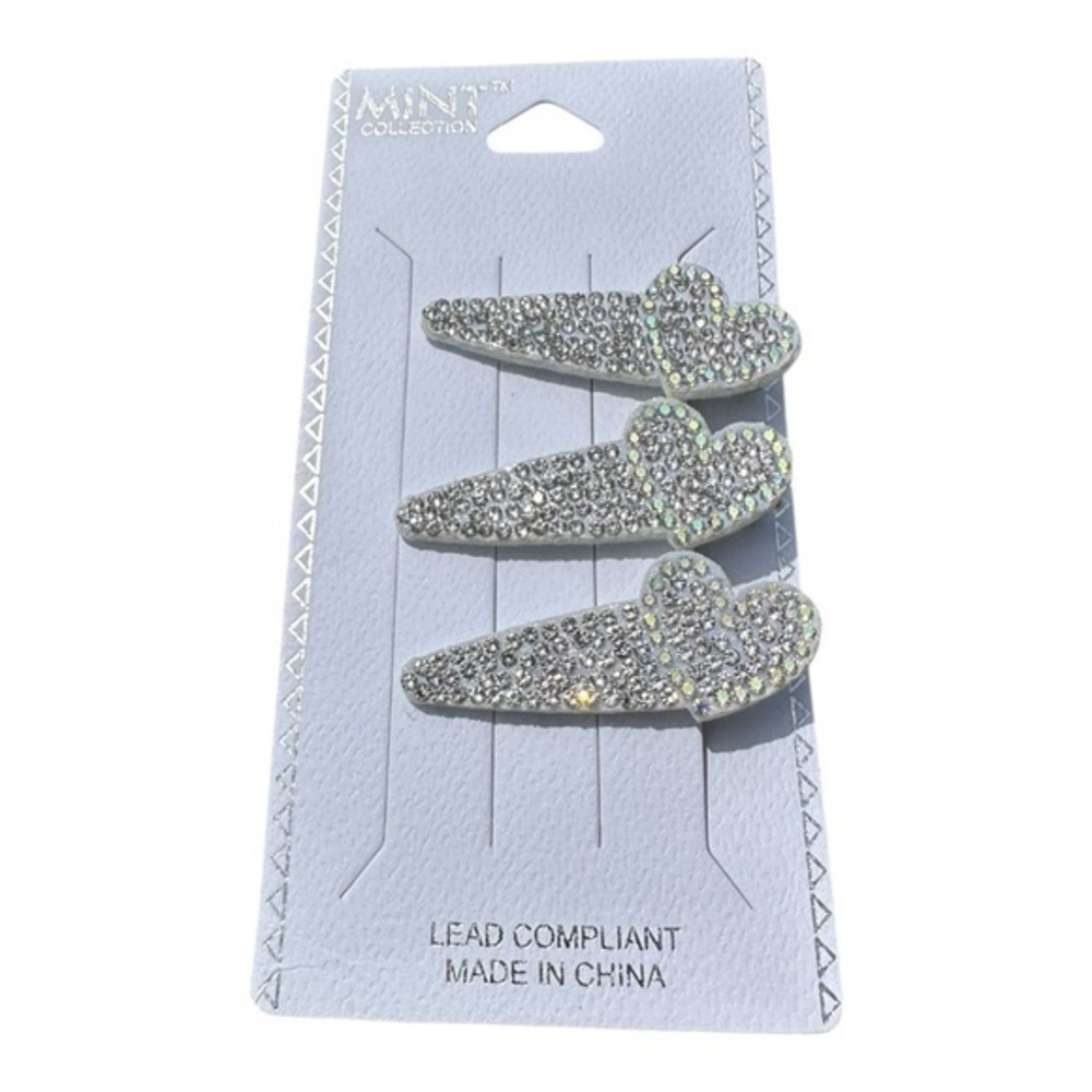 3/$25 Mint Jeweled Silver Heart Hair Clips